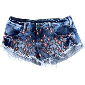 Billabong Ladies Denim Shorts E-27 Distressed Floral Print Blue Cotton Festival